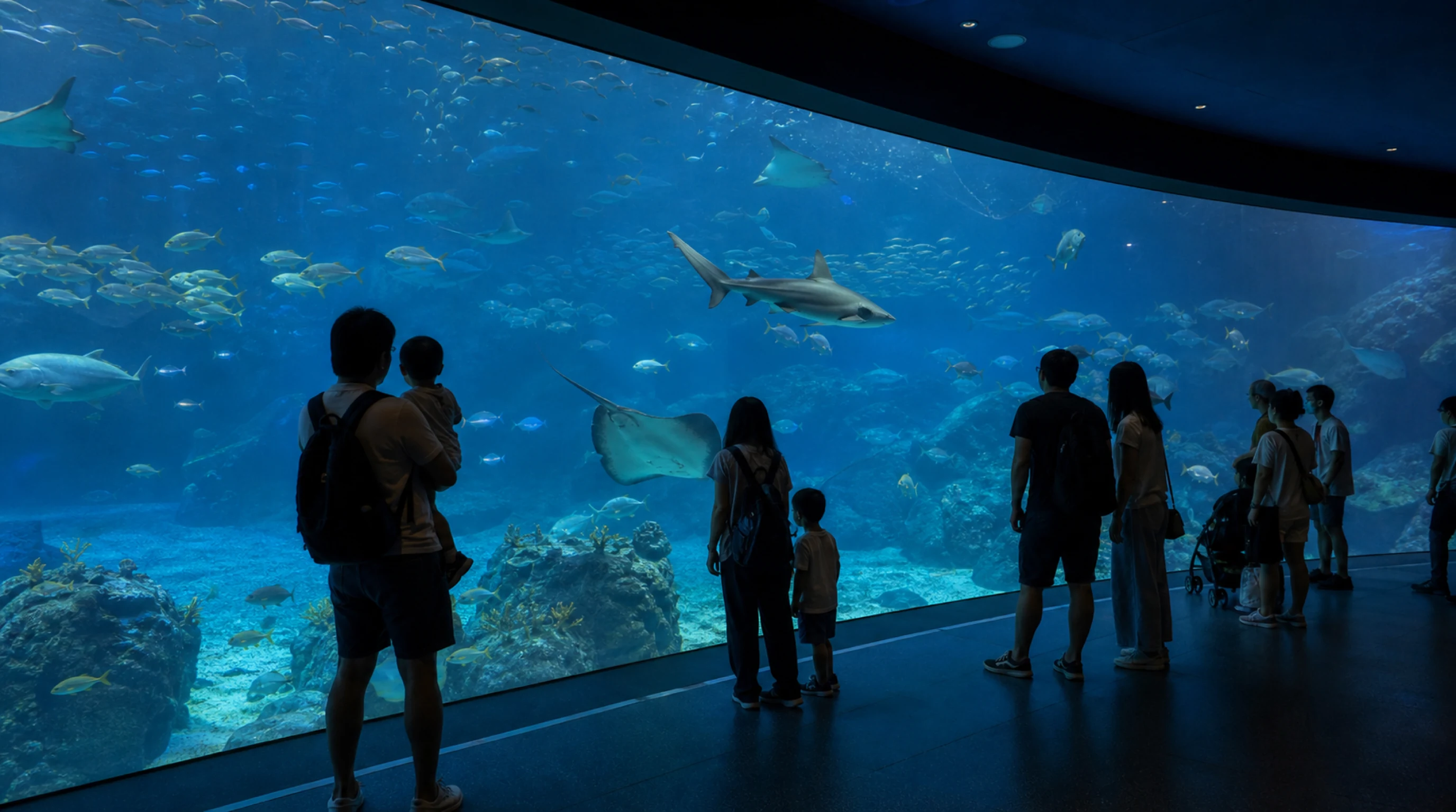 Посетители смотрят на рыб, скатов и акул в Grand Aquarium