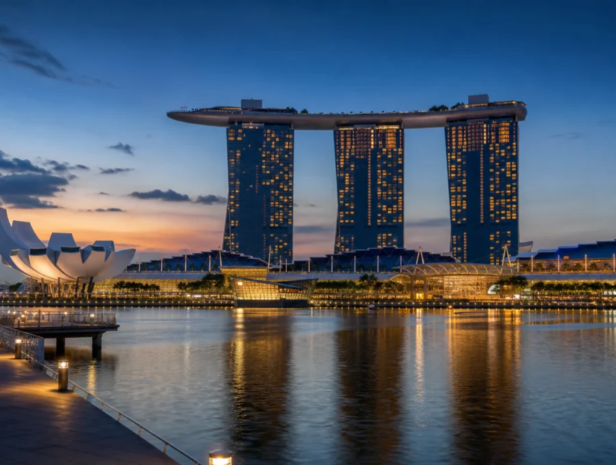 Marina Bay Sands и ArtScience Museum через залив