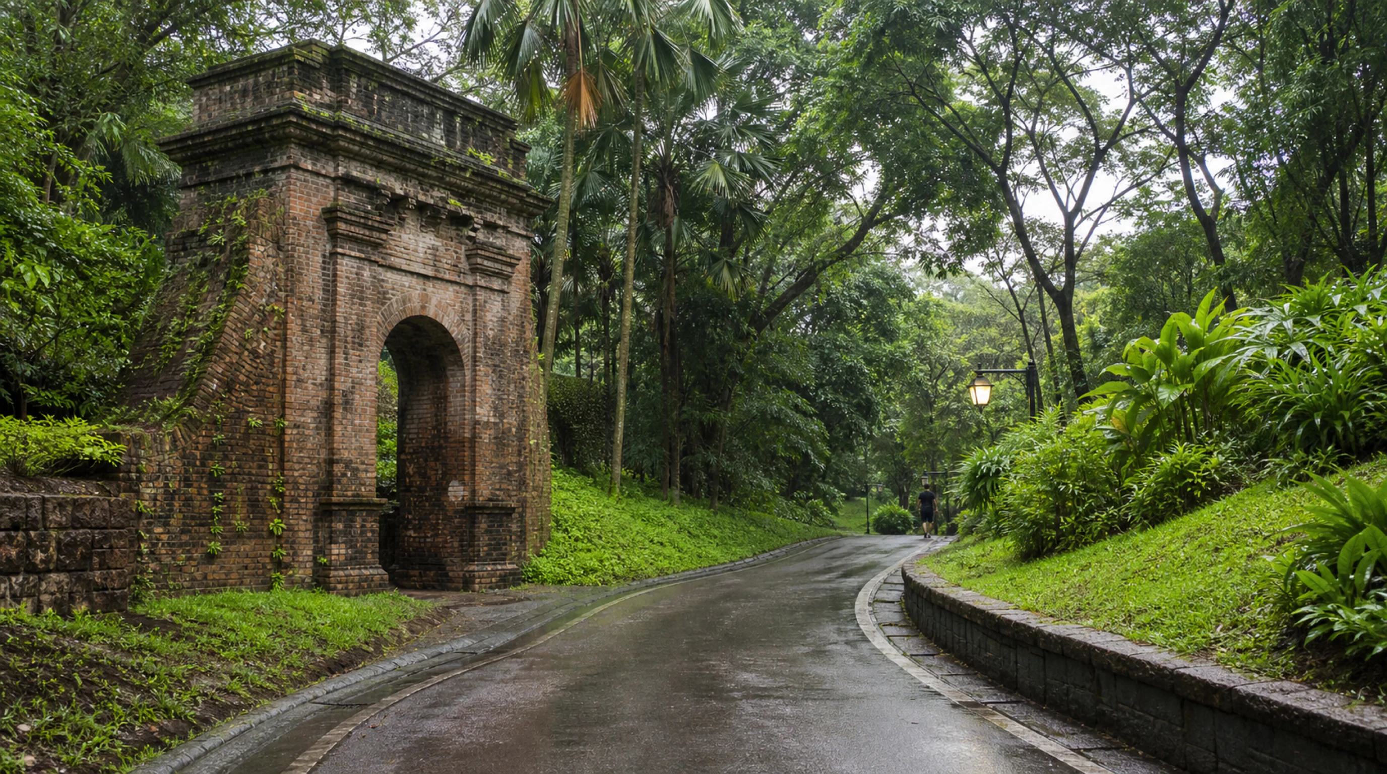 Исторические кирпичные ворота и зелёная дорожка Fort Canning Park
